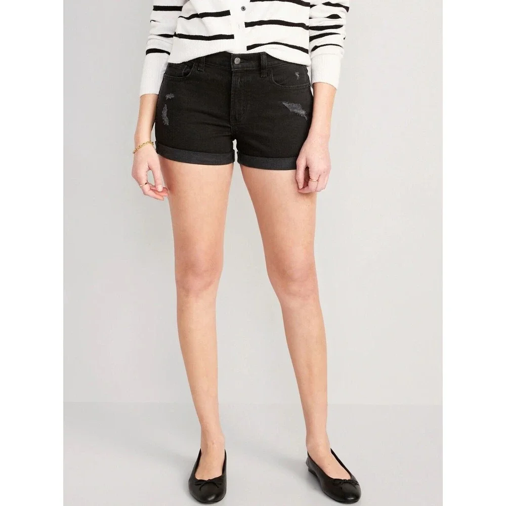 Old Navy Mid-Rise Boyfriend Jean Shorts Womens 6 Black Distressed Ripped‎ Cuffed